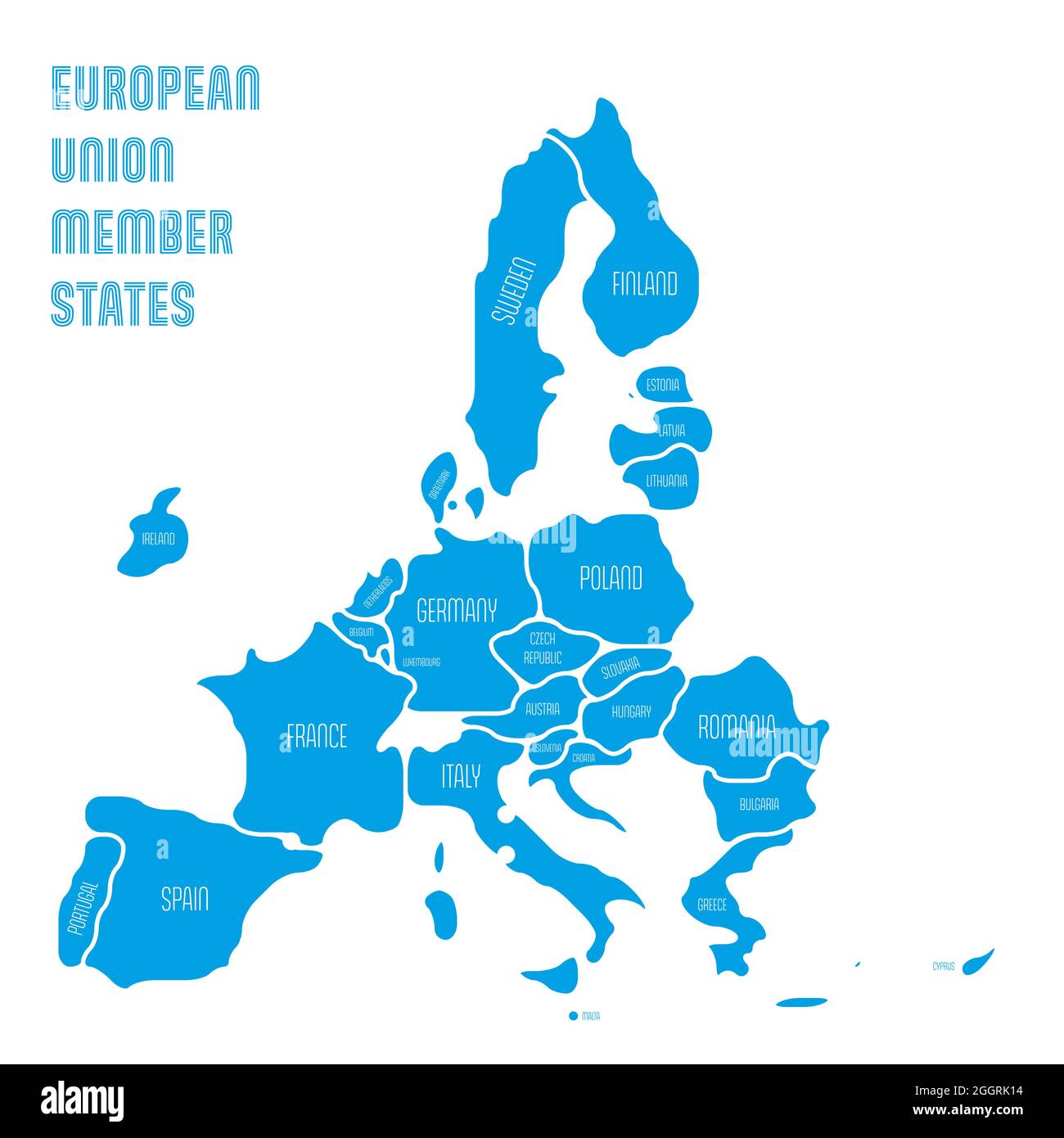 Carta semplificata dell'UE, Unione europea. Forme arrotondate di stati con bordo smussato. Mappa vettoriale piatta semplice blu. Illustrazione Vettoriale