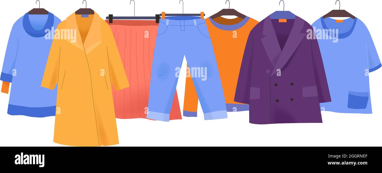 Icona del negozio di abbigliamento piatto con giacca colorata gonna pantaloni maglietta per donna su appendiabiti illustrazione vettoriale Illustrazione Vettoriale