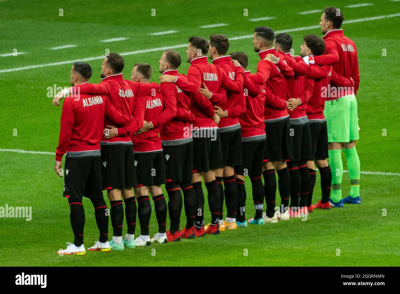 Varsavia, Polonia. 2 settembre 2021. La squadra di calcio albanese durante il gruppo di qualificazione della Coppa del mondo FIFA 2022 incontro tra Polonia e Albania allo Stadio Nazionale PGE di Varsavia, Polonia il 2 settembre 2021 (Foto di Andrew SURMA/ Credit: Sipa USA/Alamy Live News Foto Stock