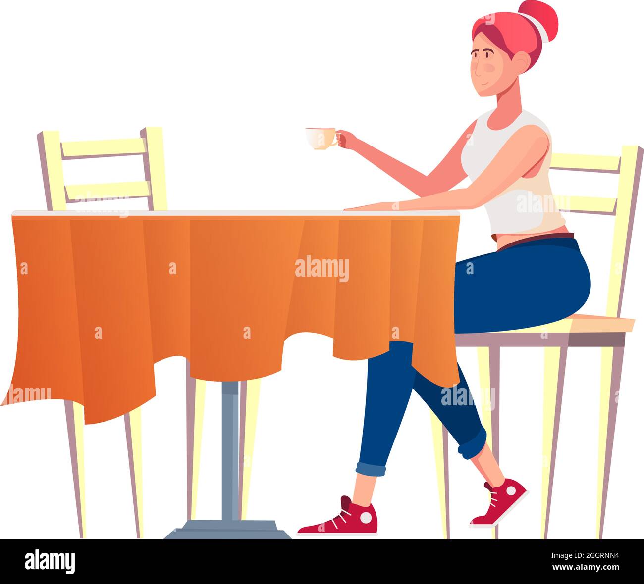 Conoscenza composizione romantica con ragazza seduta da sola al tavolo caffè bere illustrazione vettoriale caffè Illustrazione Vettoriale