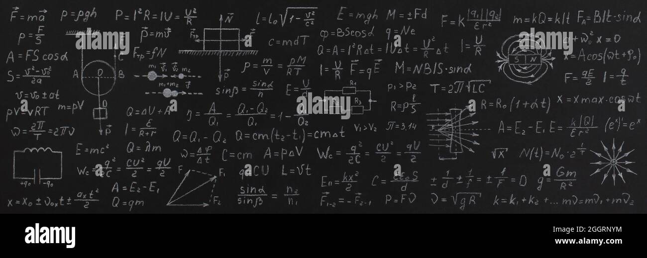 Formule dalla fisica sulla lavagna della scuola. Concetto di ritorno a scuola. Foto Stock