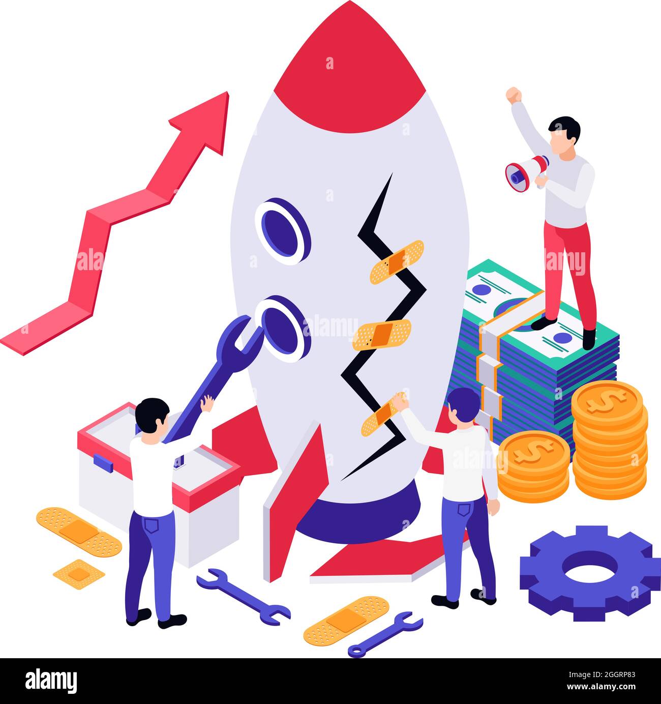 Recupero economico di business composizione isometrica con immagine di razzo contanti e icone di ingranaggio lavoratori con illustrazione vettoriale chiave Illustrazione Vettoriale