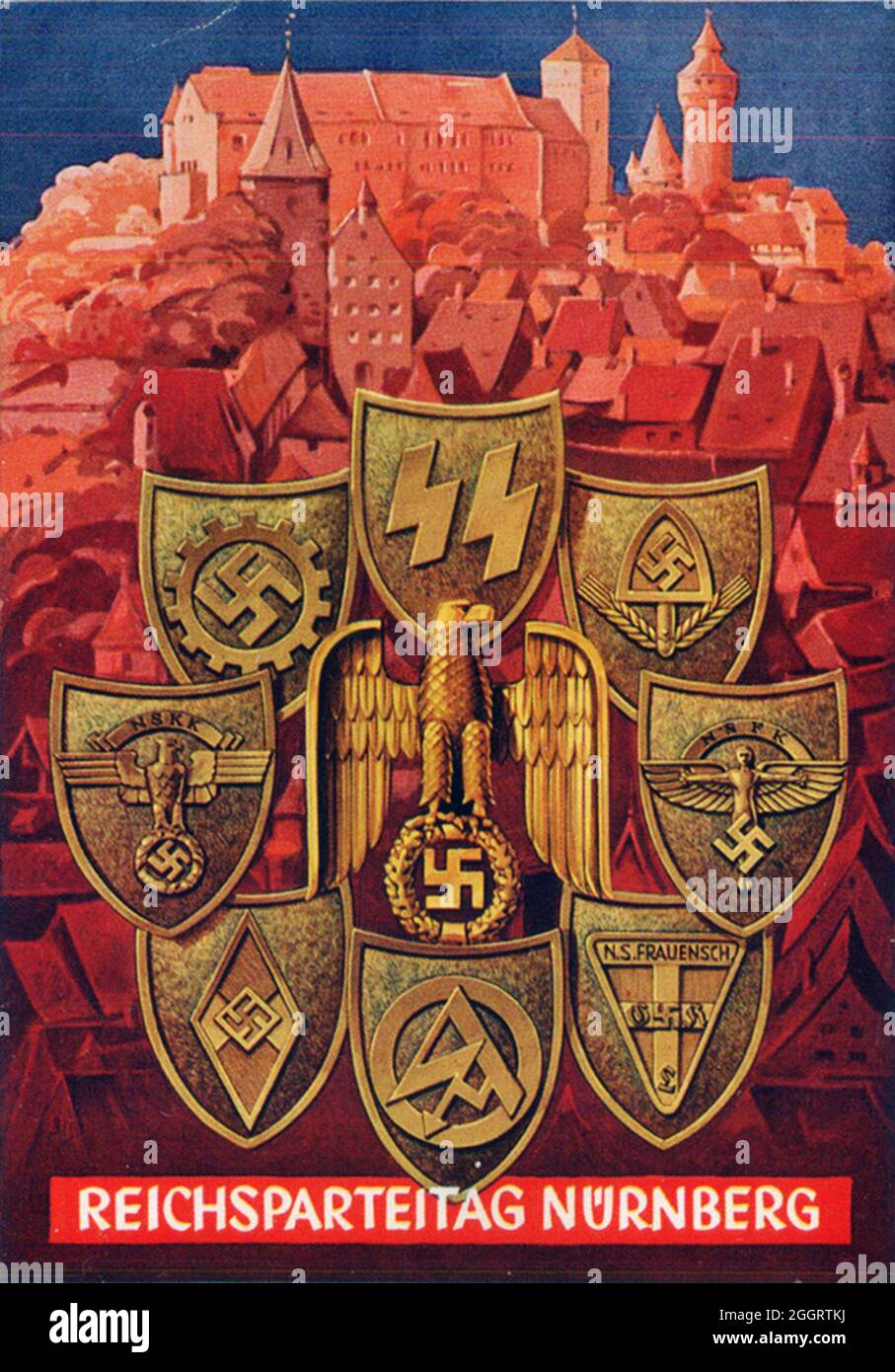 Un poster d'epoca per il raduno nazista di Norimberga che mostra gli emblemi di DAF (Deutsche Arbeitsfront, fronte del lavoro tedesco), SS (Schutzstaffel), RAD (Reichsarbeitsdienst, Reich Labor Service), NSKK (Nationalsozialistisches Kraftfahrkorps, National Socialist Motor Corps), NSFK (Nationalsozialistisches Fliegerkorps, National Socialist Flyers Corps), HJ (Hitlerjugend, Hitler Youth), SA (Sturmabteilung) e NS-Fraensuchaft's League (National Socialist's League) Foto Stock