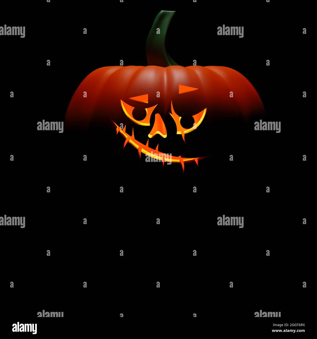 Zucca di Halloween con il sorriso malvagio e malizioso sulla faccia. Zucca creepy intagliata con spazio copia. Illustrazione del rendering 3D. Foto Stock