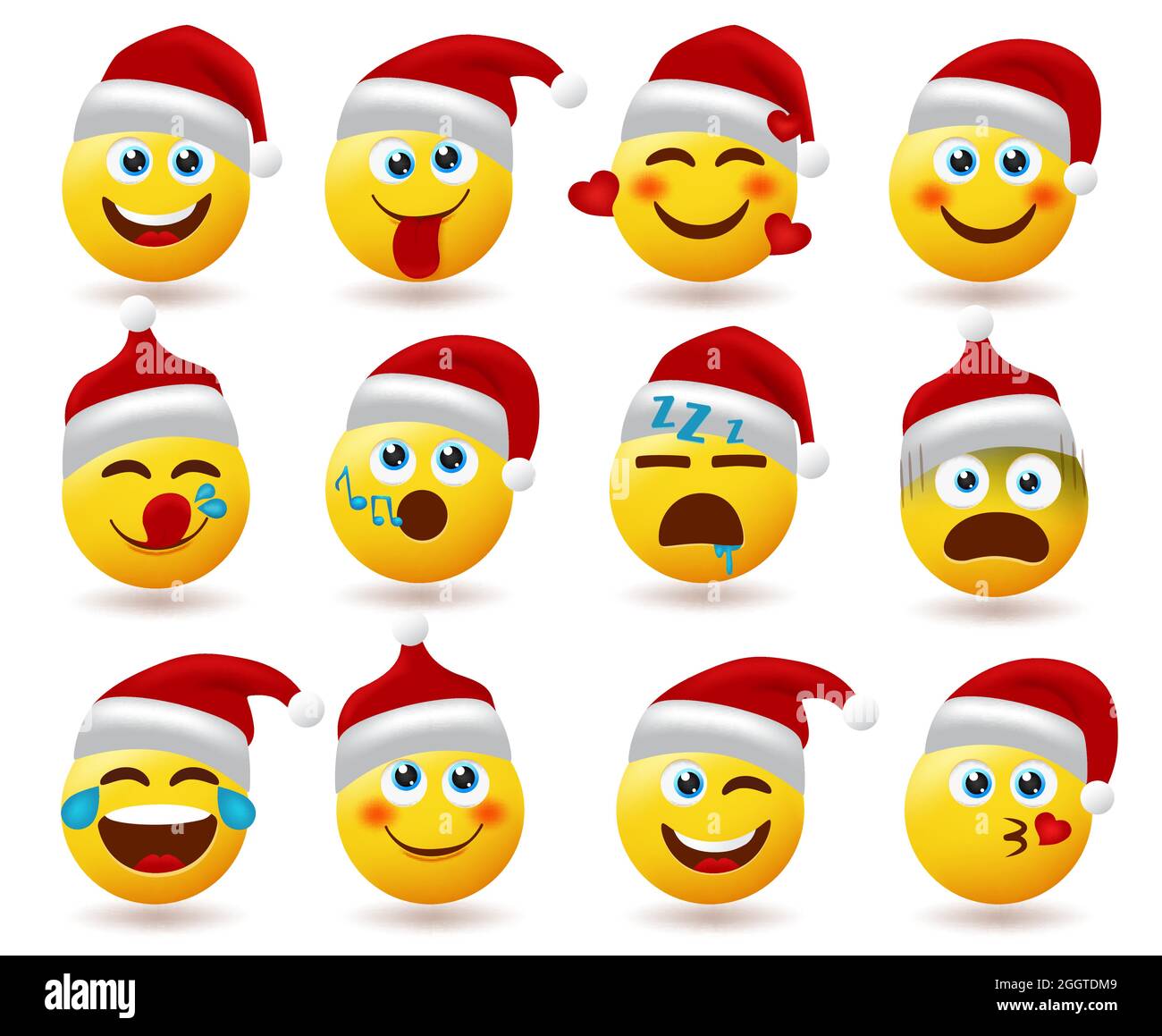 Set di vettori di carattere Smiley di babbo natale. Babbo natale sorride personaggi nel sonno, cantare e temuto volto espressione per le vacanze cartone animato. Illustrazione Vettoriale