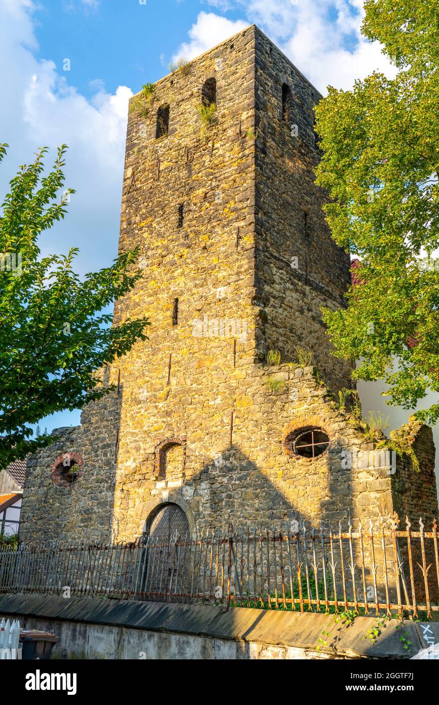 Vecchio villaggio di Westerholt, elencato distretto di Herten Westerholt, oltre 60 vecchie case in legno, ben rinnovate, formano un centro storico villaggio, rovina Foto Stock