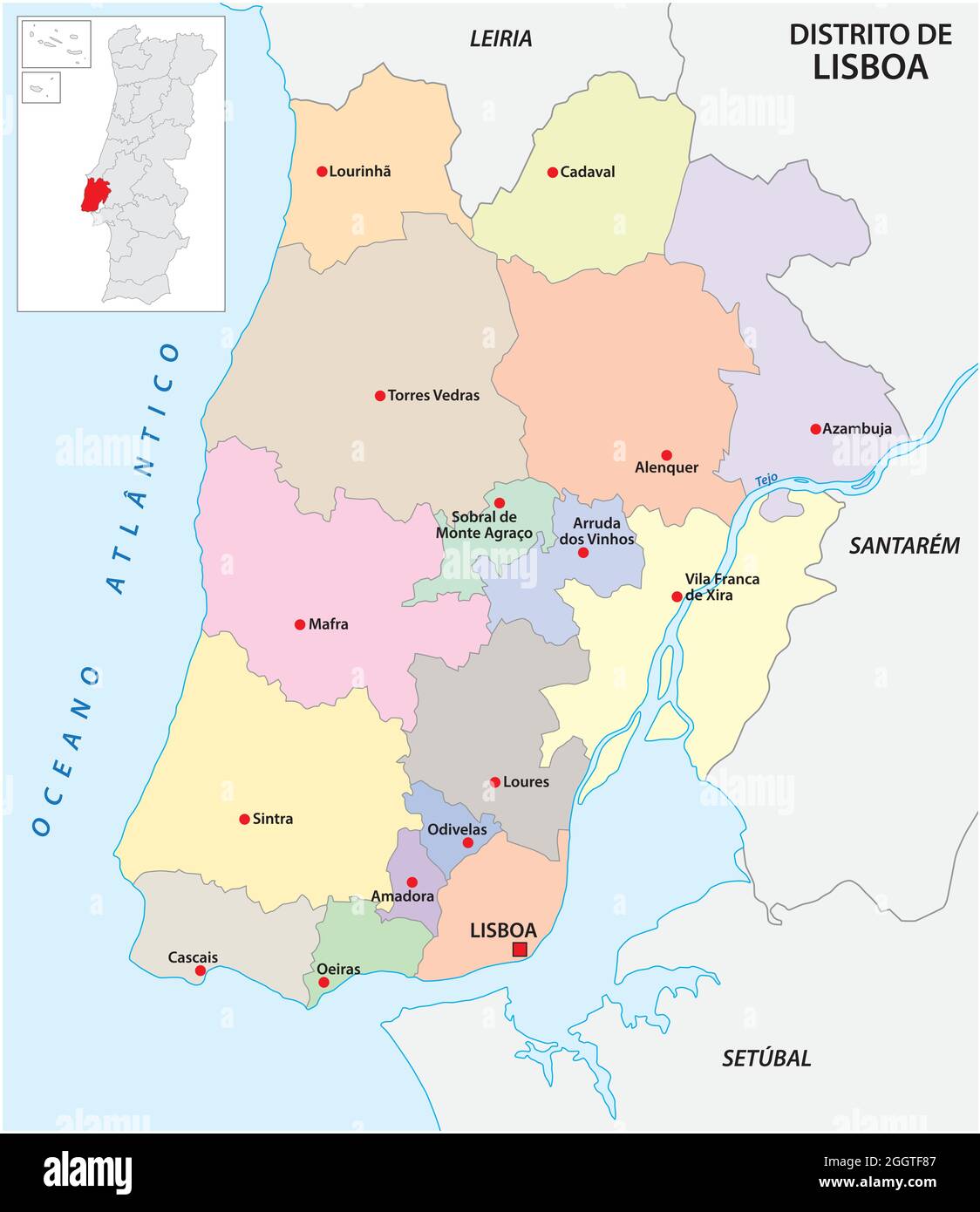 Mappa vettoriale amministrativa del distretto portoghese di Lisbona Illustrazione Vettoriale