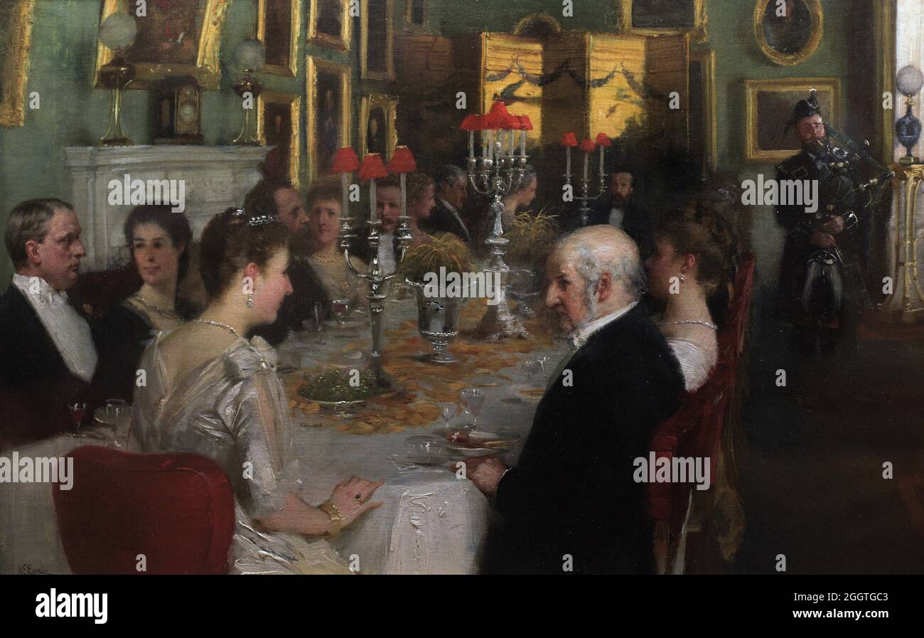 Cena all'Haddo House, 1884. Sala da pranzo della casa scozzese del Conte e della Contessa di Aberdeen. A destra di Lady Aberdeen c'è il primo Ministro William Ewart Gladstone, che è stato in visita in Scozia. Olio su tela (36,2 x 57,8 cm), 1884, di Alfred Edward Emslie (1848-1918). National Portrait Gallery. Londra, Inghilterra, Regno Unito. Foto Stock