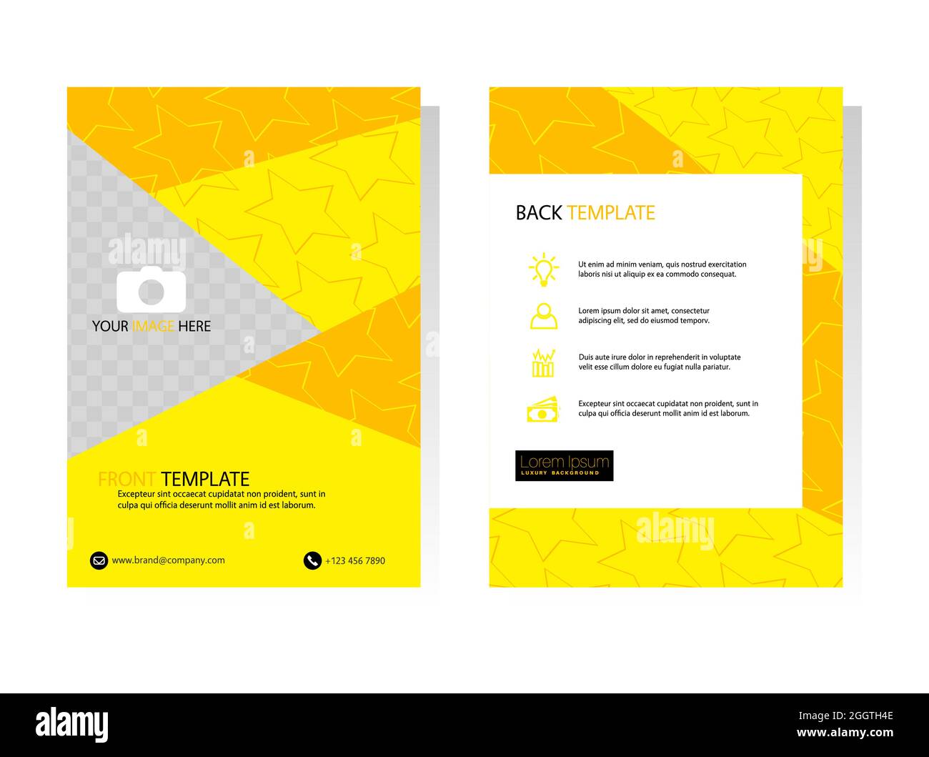 Modelli di brochure business con poligono giallo. Volantino con geometria, volantino in formato A4, copertina del libro, presentazione, modello di scheda. Set di design piatto per il marketing. Illustrazione Vettoriale