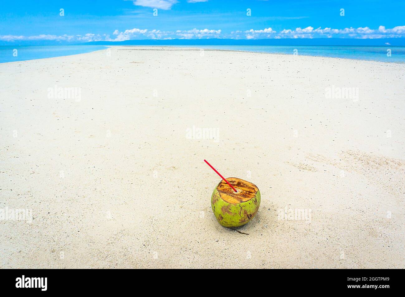 Coconut si trova sulle sabbie bianche su un'isola deserta senza gente intorno Foto Stock