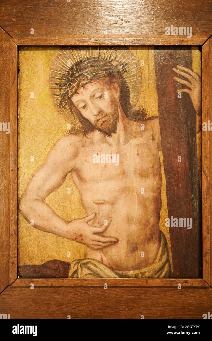 Cristo de la Victoria, olio su pannello, XVI secolo, Matamorosa, primo museo diocesano costruito in Spagna, Museo Diocesano Regina Coeli, Santillana del Mar, Foto Stock