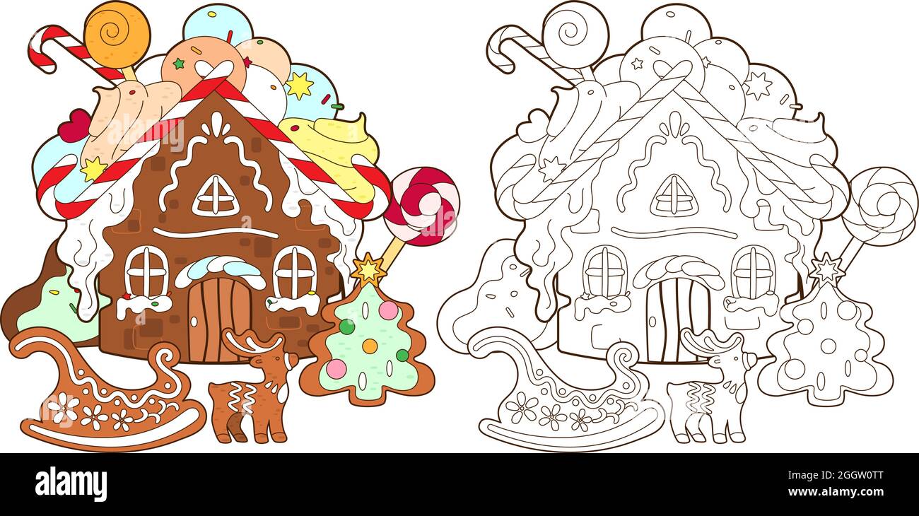 Pagina da colorare con casa di pan di zenzero, caramelle di Natale e