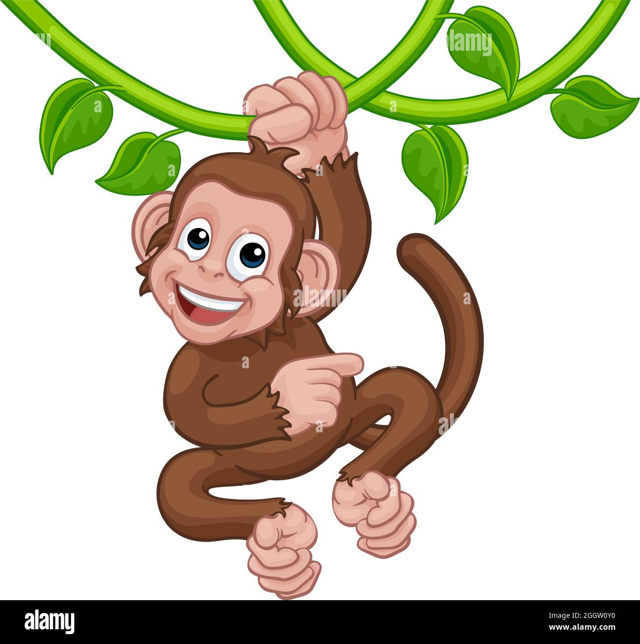 Scimmia canto sulla giungla viti che punta Cartoon Illustrazione Vettoriale