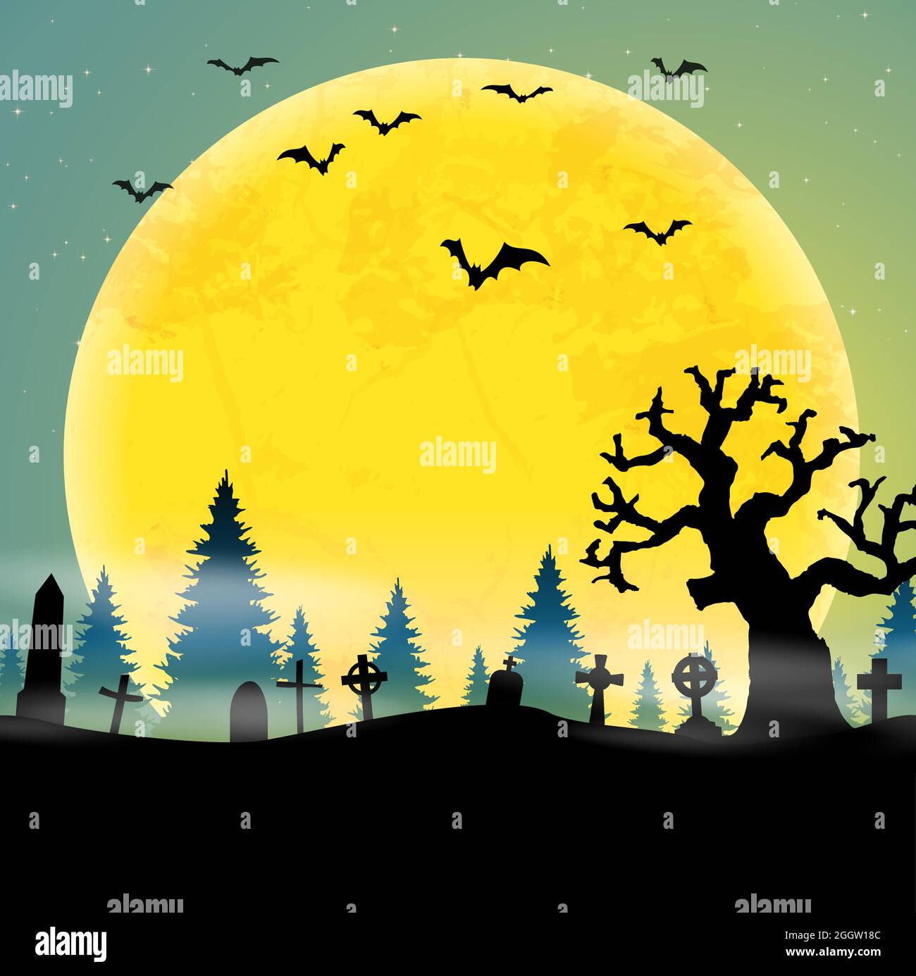 eps vettore cimitero di fronte a boschi con luna piena Con elementi spaventosi illustrati per i layout di sfondo di Halloween Illustrazione Vettoriale