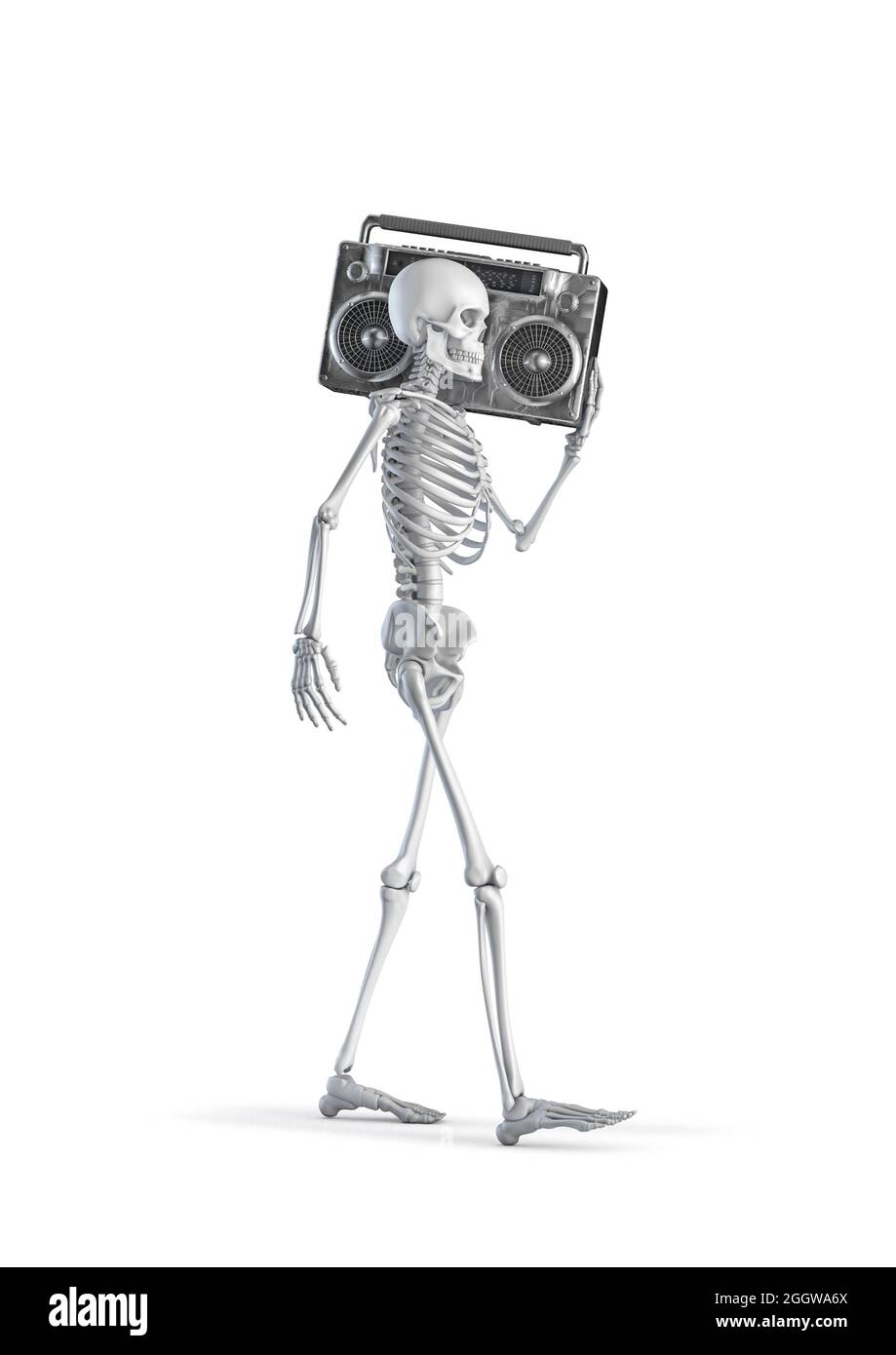 Scheletro con boombox - illustrazione in 3D di figura scheletro umano maschile che trasporta il riproduttore di cassette stereo retro anni '80 isolato su sfondo bianco studio Foto Stock