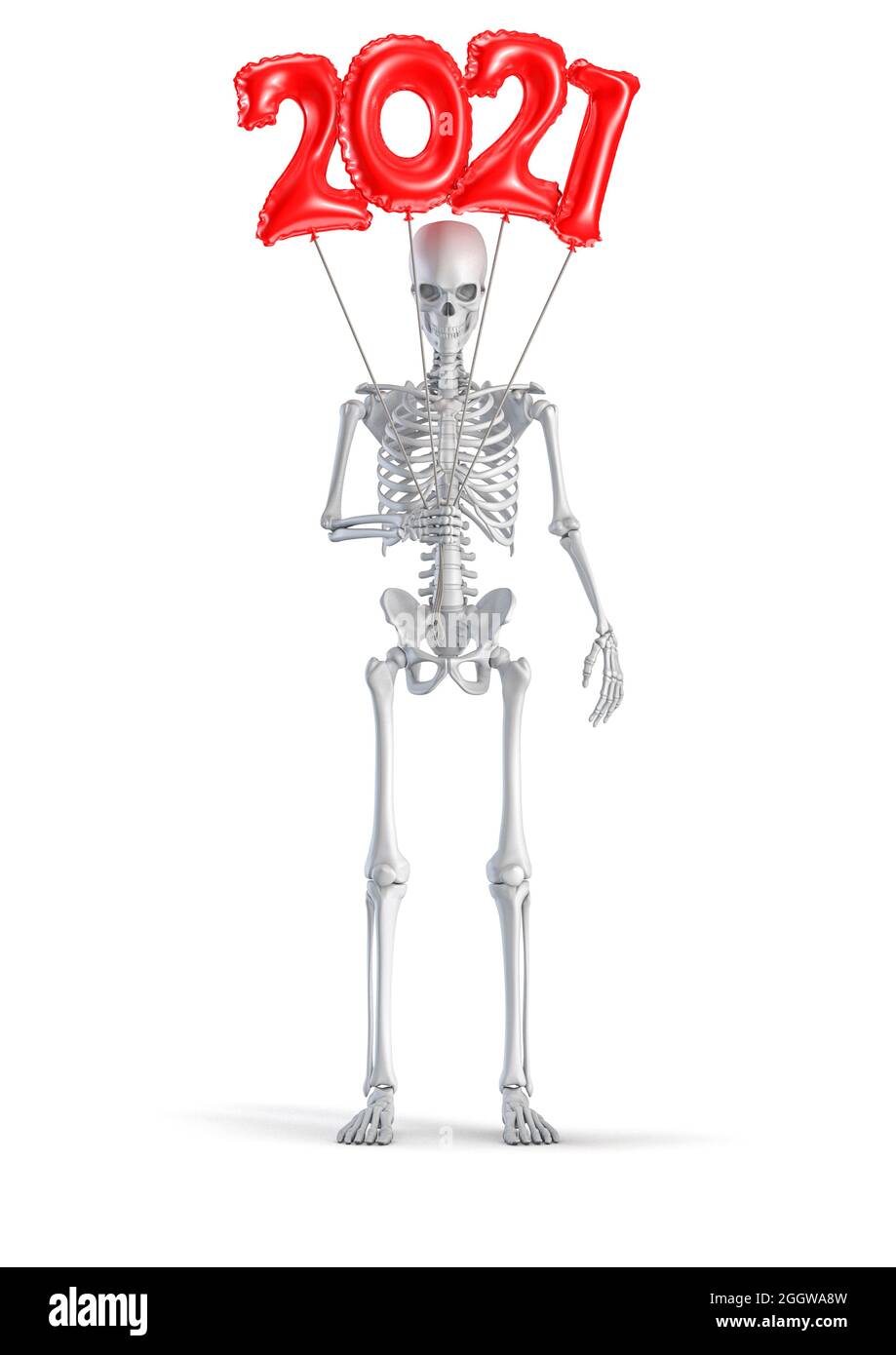 Scheletro con palloncino 2022 - illustrazione 3D di figura scheletro umano maschio che tiene palloncini in plastica rossa anno 2022 isolati sul retro bianco dello studio Foto Stock