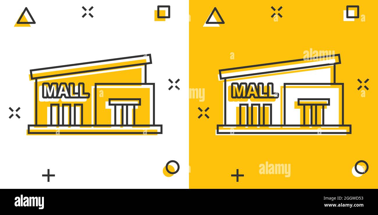 Icona Mall in stile comico. Memorizzazione di illustrazioni vettoriali su sfondo bianco isolato. Acquista Splash Effect business concept. Illustrazione Vettoriale
