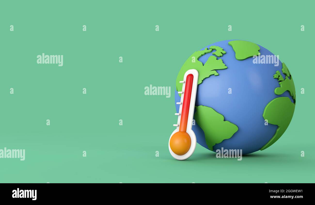 Temperature globali in aumento. Modello di messa a terra con termometro. Rendering 3D Foto Stock