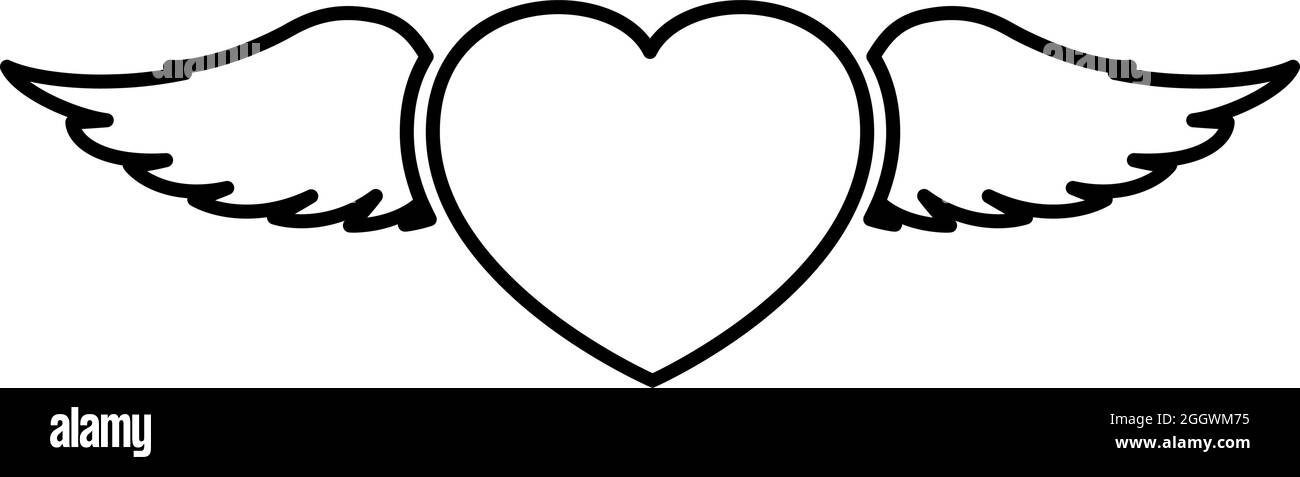 Cuore con angelo ali volare piuma contorno icona colore nero vettore illustrazione piatta stile semplice immagine Illustrazione Vettoriale