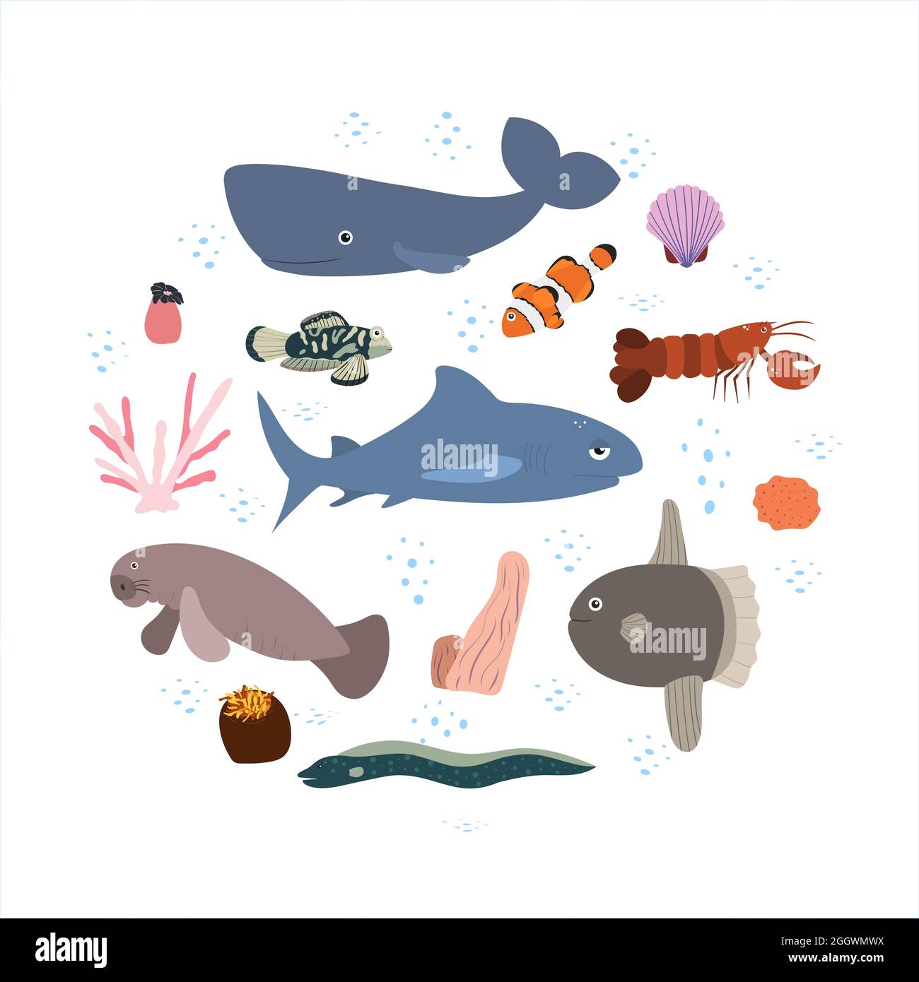 Modello di disegno con animale marino in cerchio per stampa capretto.  Composizione rotonda di animali marini, balena spermatica, squalo e  lamantini, pesce, aragosta. Set vettoriale di vita subacquea in stile  cartoon Immagine