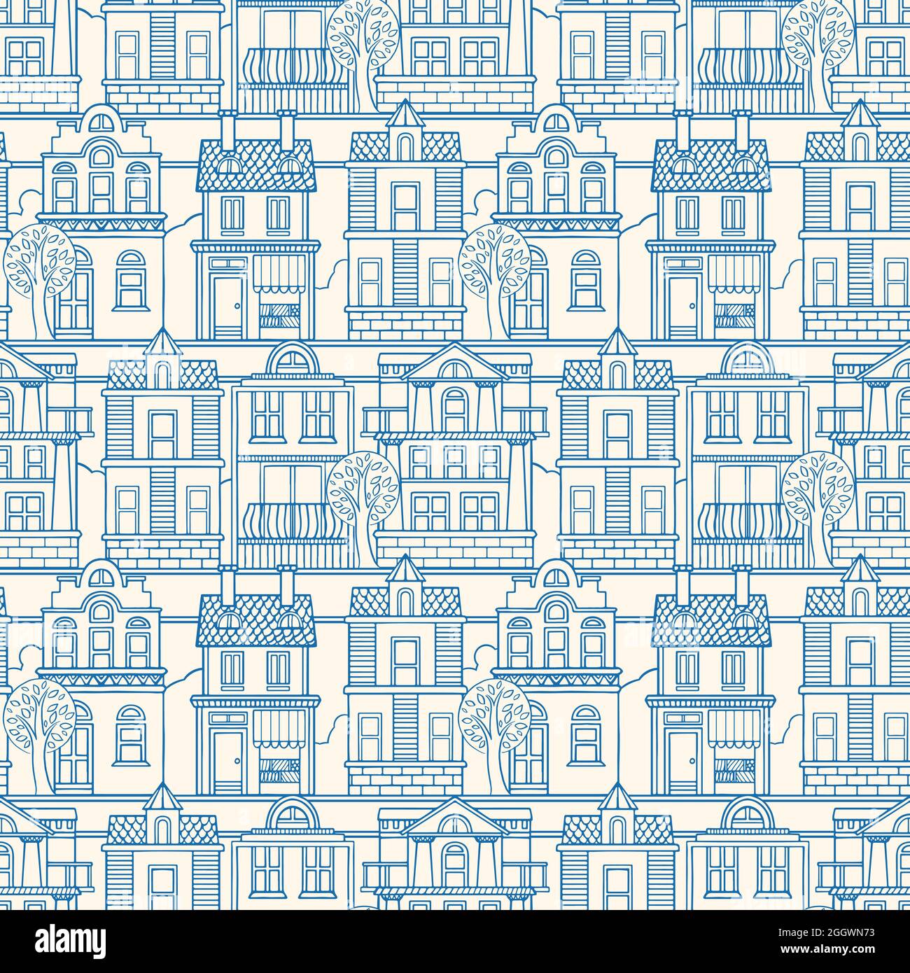 sfondo senza cuciture con case colorate vintage. illustrazione disegnata a mano Illustrazione Vettoriale