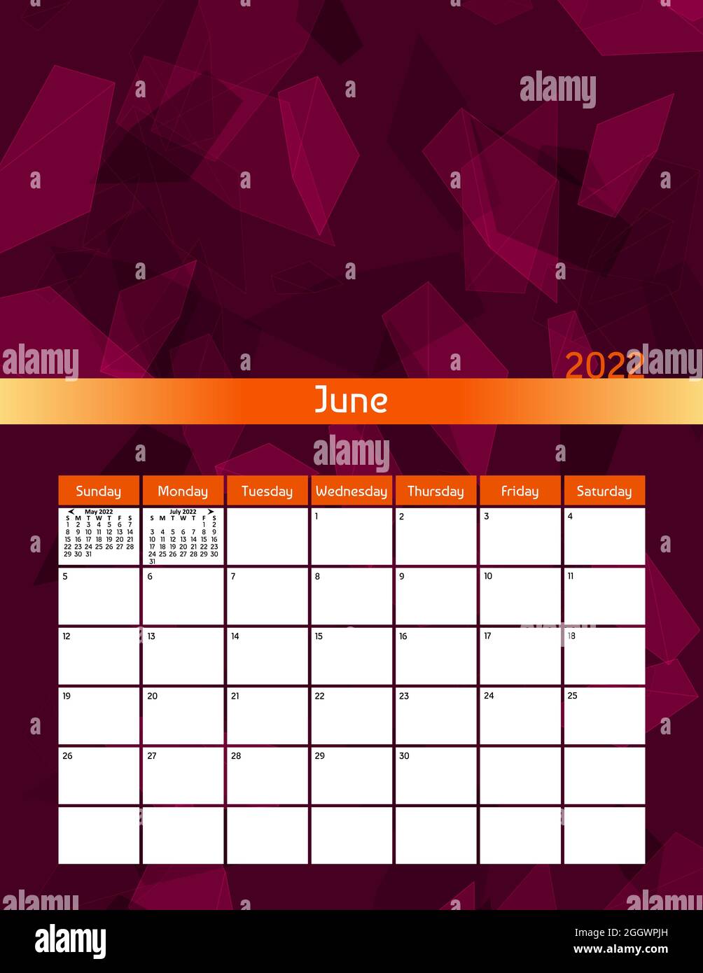 US lettera carta formato vettore futuristico mensile calendario pianificatore 2022 giugno settimana inizia la Domenica. Organizzatore poligonale verticale, tracciatore abitudine. Colorato Foto Stock
