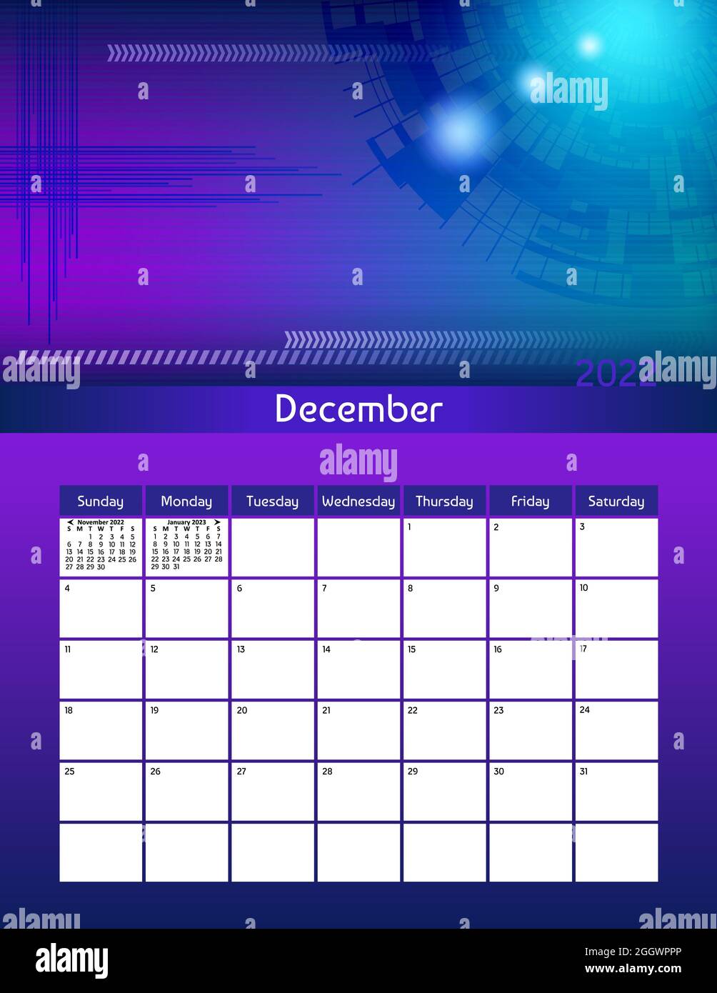 US lettera carta formato vettore futuristico mensile calendario pianificatore dicembre 2022 settimana inizia la Domenica. Organizer astratto verticale, habit tracker. Colore Foto Stock