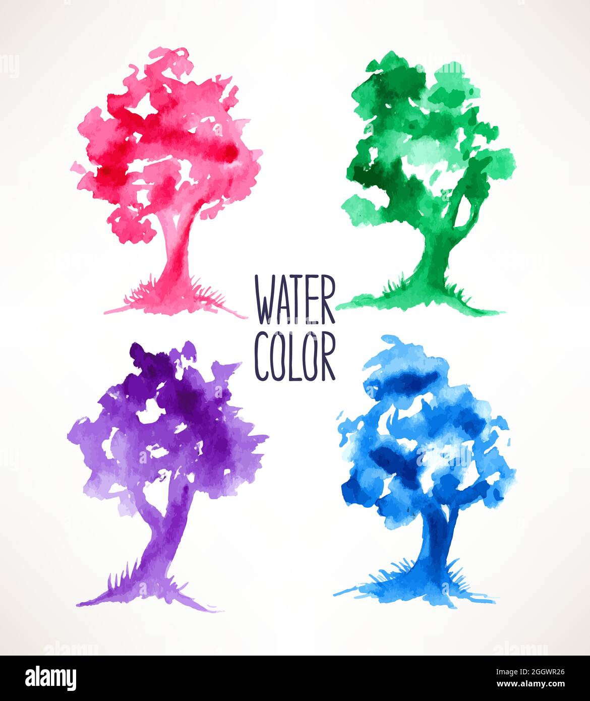 Con quattro splendidi alberi colorati ad acquerello. Illustrazione disegnata a mano Illustrazione Vettoriale