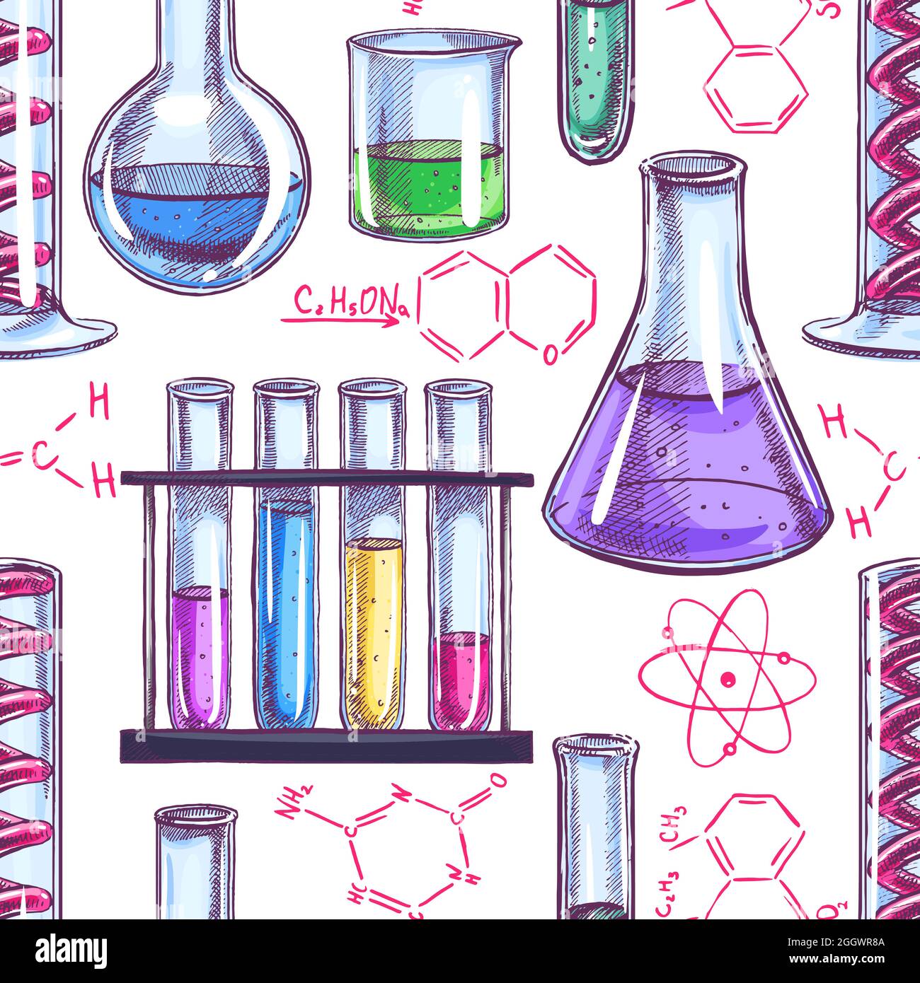 sfondo senza cuciture con apparecchiature chimiche e formule. illustrazione disegnata a mano Illustrazione Vettoriale
