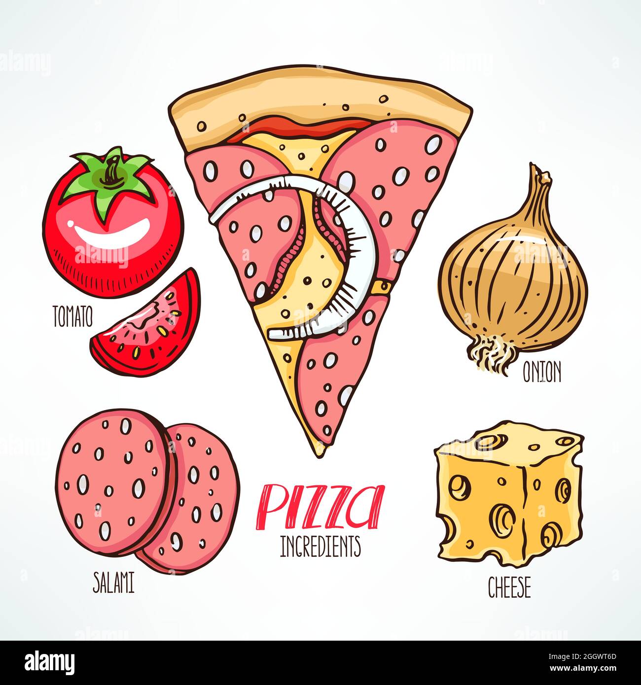 ingredienti della pizza. pizza con salame. illustrazione disegnata a mano Illustrazione Vettoriale