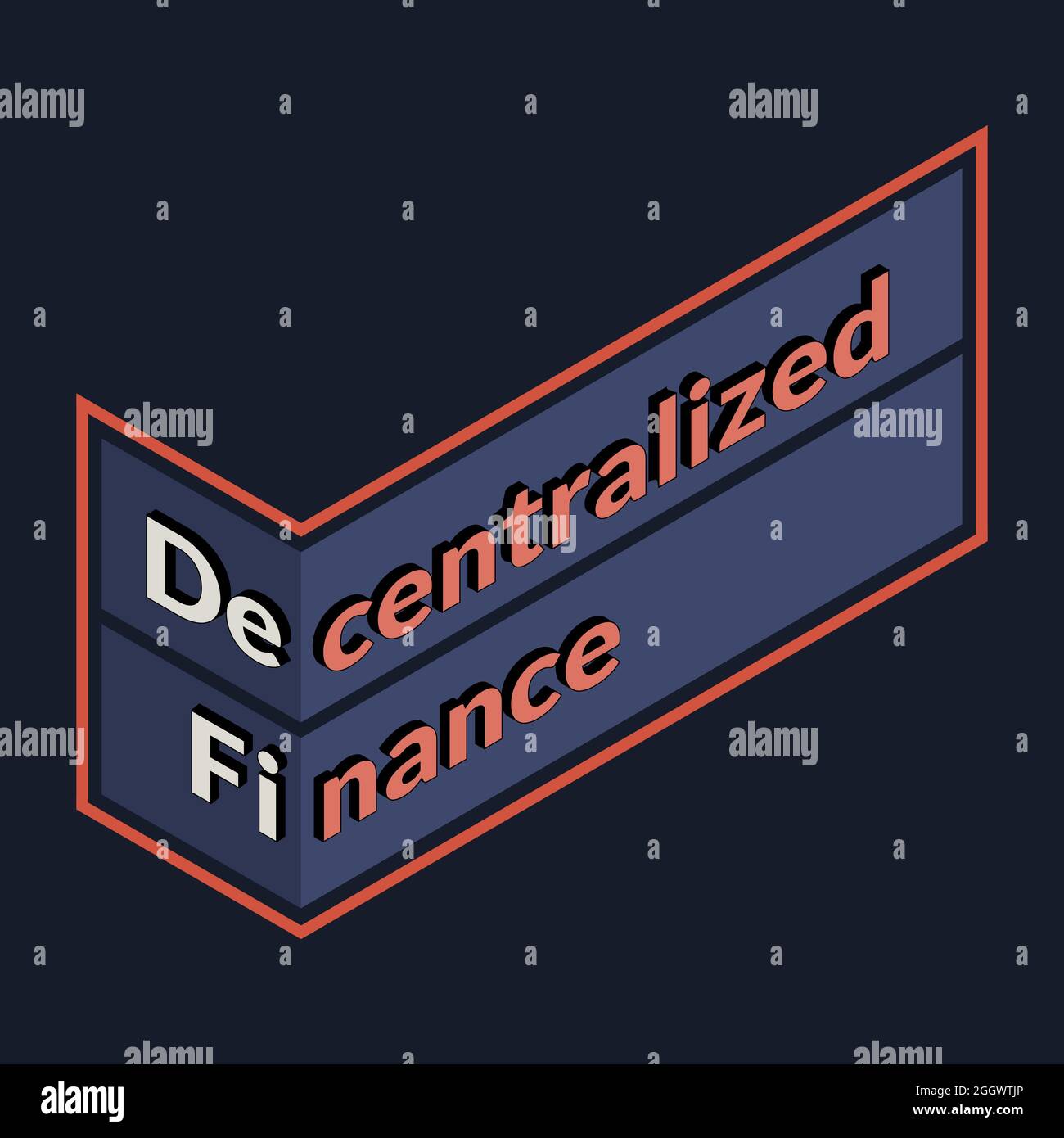 Defi - finanza decentralizzata, segno isometrico con testo isolato su sfondo scuro. Ecosistema di applicazioni e servizi finanziari basati sul pubblico b Foto Stock
