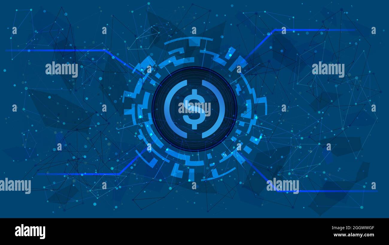 USD Coin USDC simbolo token in cerchio digitale con tema criptovaluta su  sfondo blu. Icona di criptovaluta per banner o notizie. Illustrazione  vettoriale Foto stock - Alamy