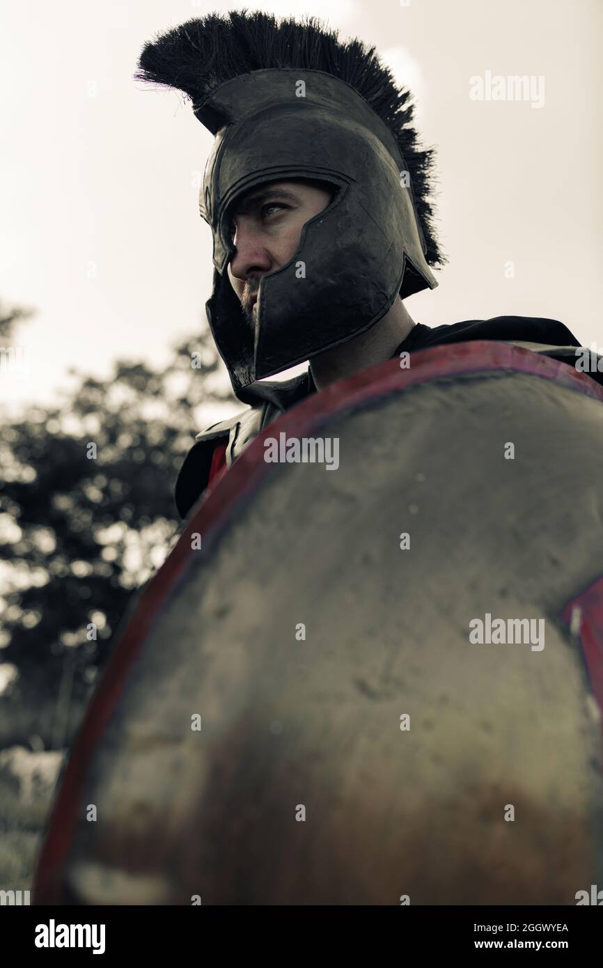 Ritratto dell'antico guerriero spartano in casco con scudo. Foto Stock