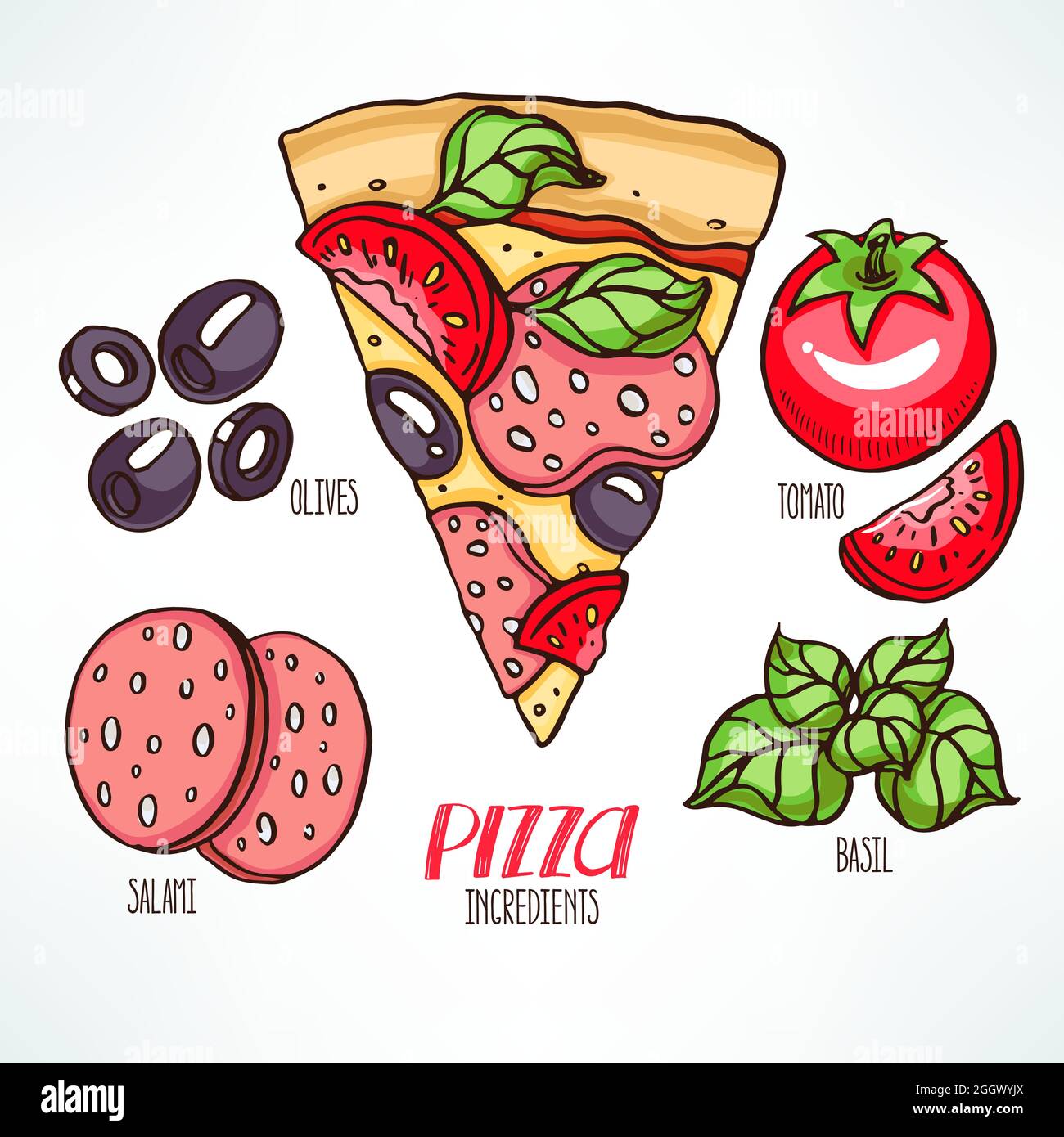ingredienti della pizza. pizza con salame e basilico. illustrazione disegnata a mano Illustrazione Vettoriale