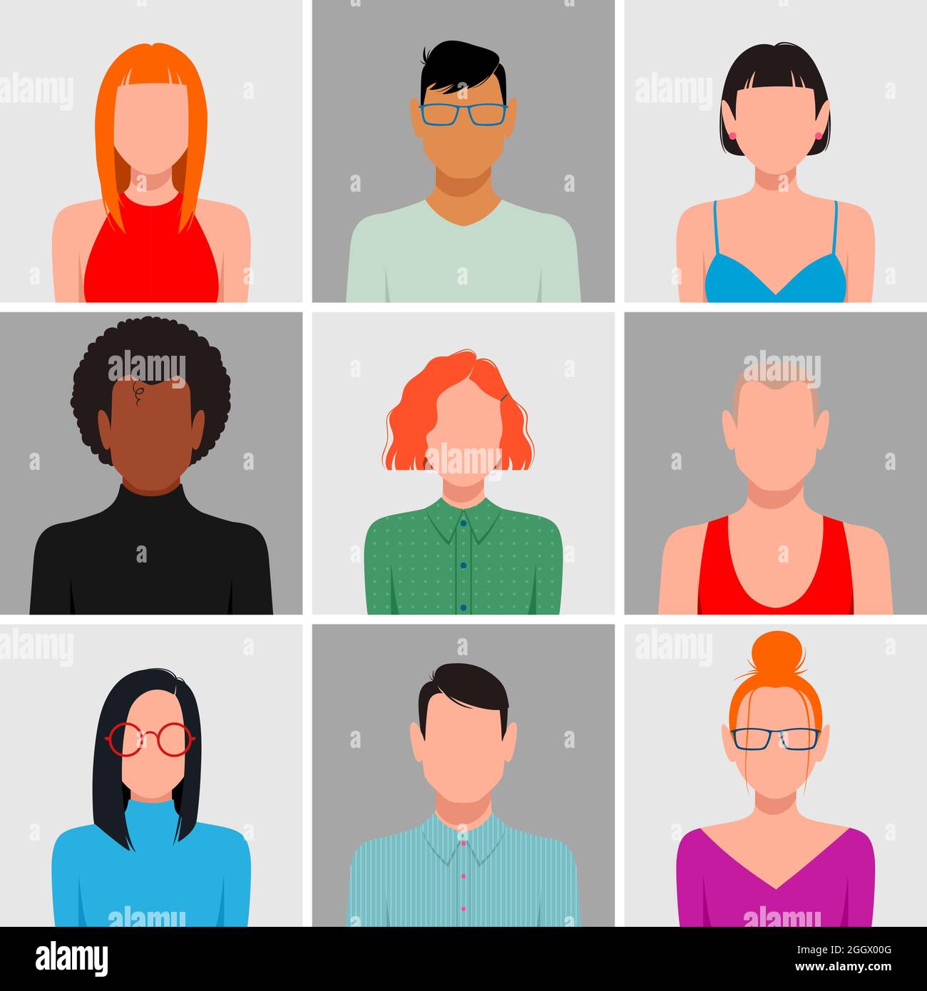 Persone con facce vuote avatar set . Diversi colori della pelle, capelli e vestiti Illustrazione Vettoriale