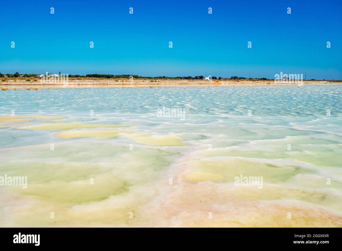 Laghetto poco profondo con acqua salata utilizzato per estrarre il sale dall'oceano a salines a Faro, Algarve, Portogallo Foto Stock