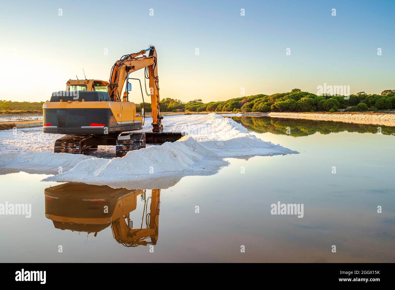 Raccolta del sale marino con digger giallo a salines a Faro, Algarve, Portogallo Foto Stock