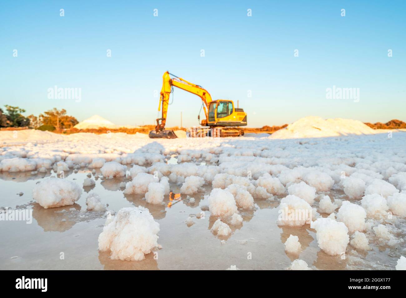 Raccolta del sale marino con digger giallo a salines a Faro, Algarve, Portogallo Foto Stock