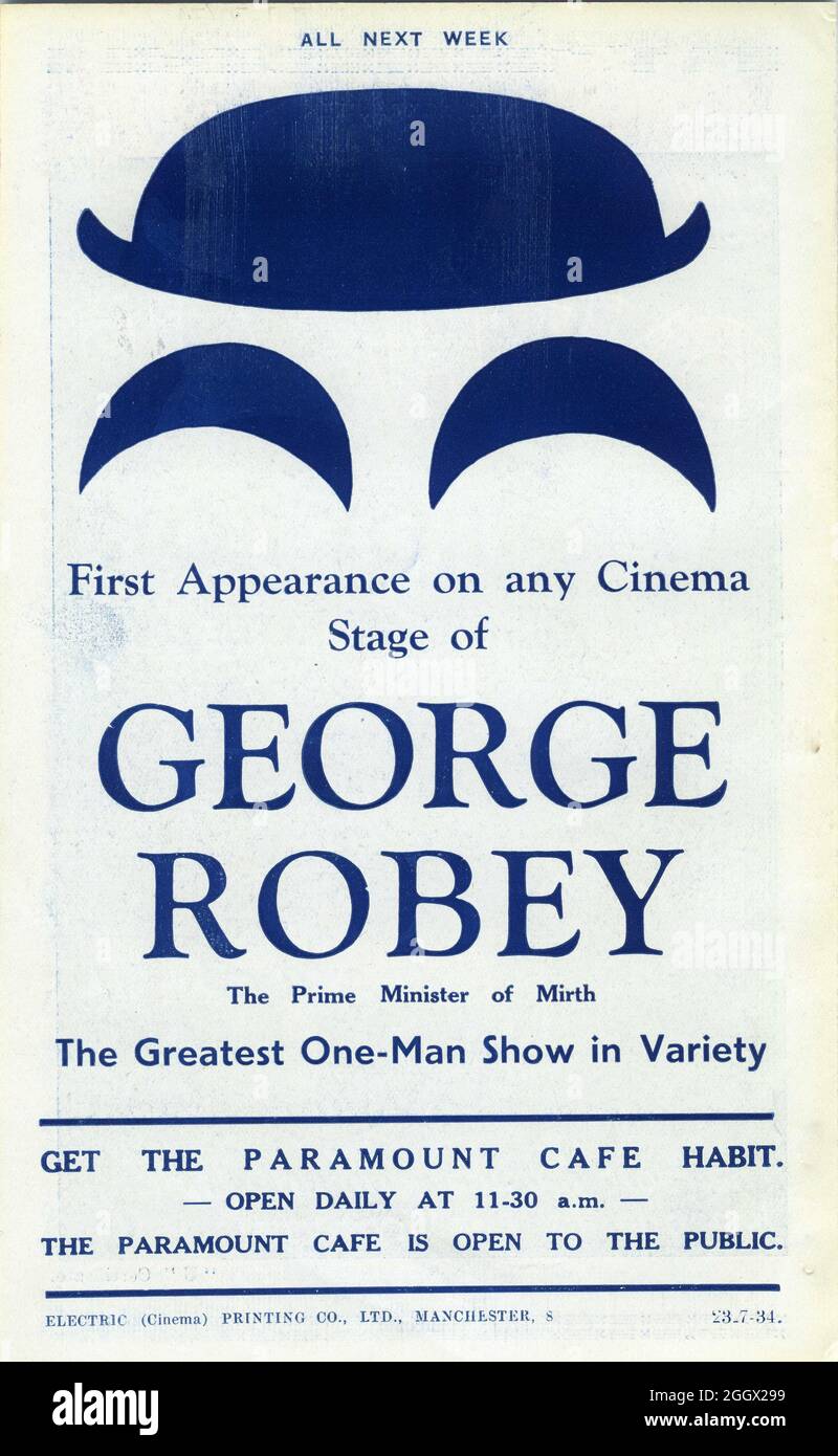 Il comico GEORGE ROBEY ha fatto la sua prima apparizione su un Cinema Stage al Paramount Theatre Leeds nel suo One Man Show per tutta la settimana dal 23 luglio 1934 Foto Stock