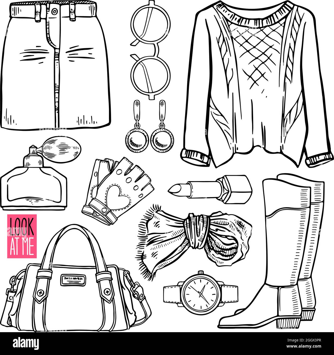 Collezione moda di abiti e accessori sketch girl. Casual stile donna. Illustrazione disegnata a mano Illustrazione Vettoriale