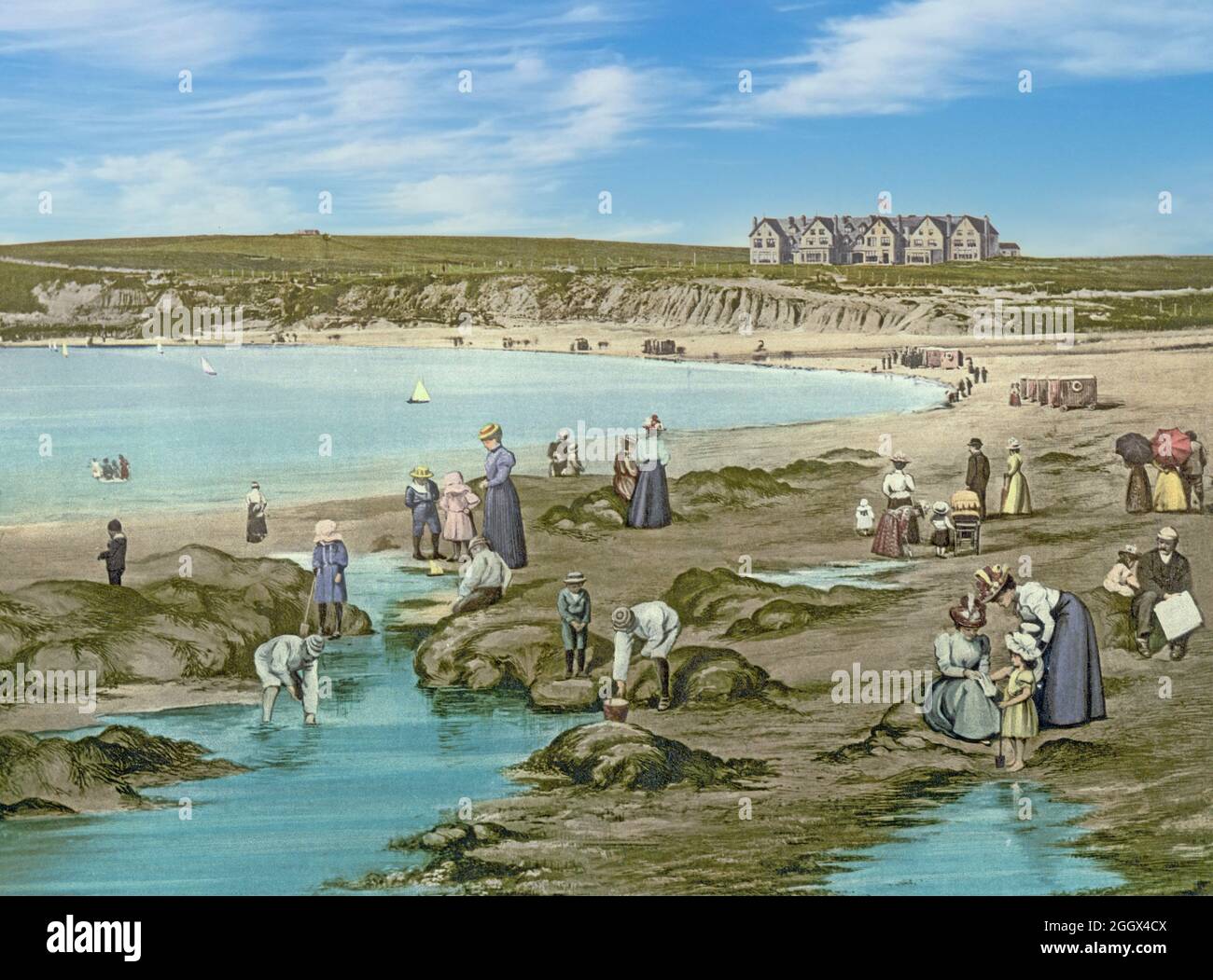 Una vista dei primi del 20 ° secolo della spiaggia a Bundoran, una città nella contea di Donegal, Irlanda. Una località turistica balneare, l'urisma è stato al centro dell'economia locale dal 18 ° secolo. Foto Stock