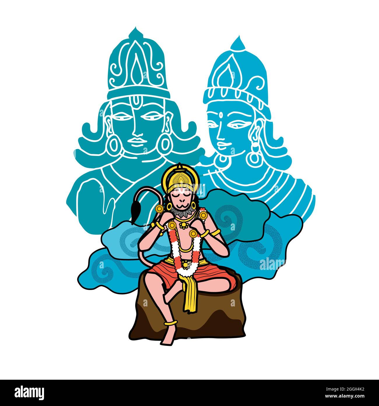 Hanuman: Sempre immerso nel canto e nel ricordo del nome di Lord Rama. Con RAM Sita in background. Foto Stock
