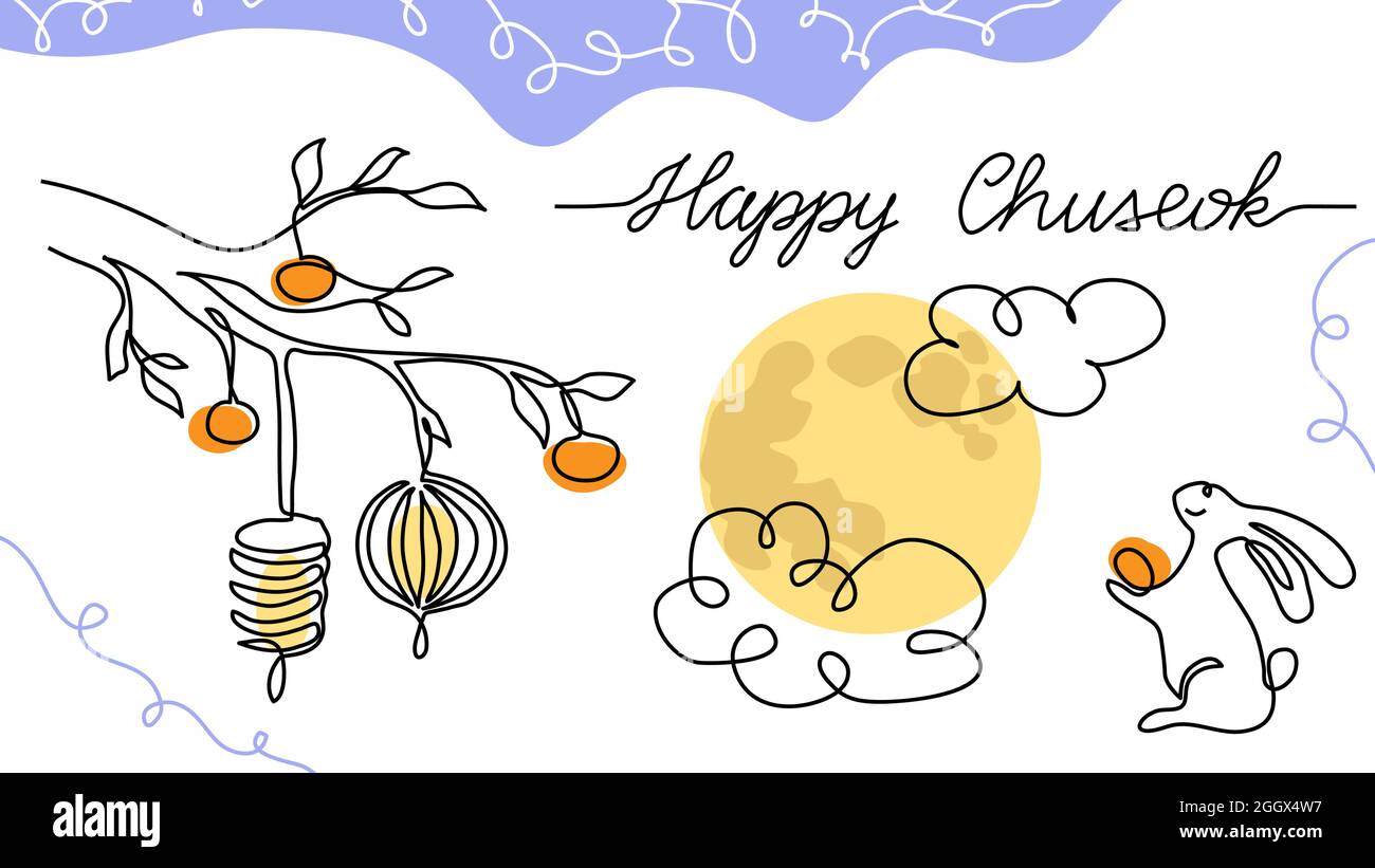 Happy Chuseok semplice poster vettoriale, banner, sfondo con luna, coniglio, lanterna, persimmon. Illustrazione di arte di disegno di una linea con la scritta felice Illustrazione Vettoriale