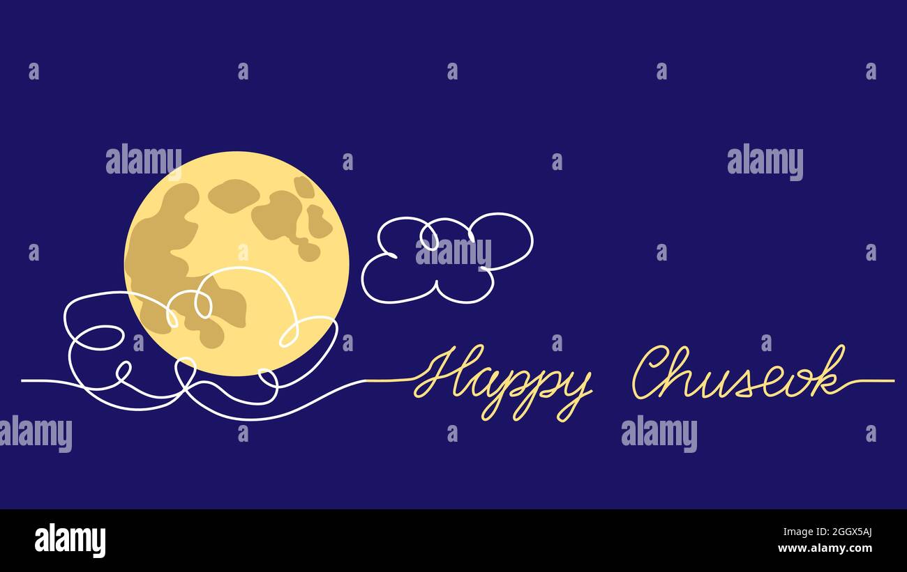 Chuseok sfondo vettore notte blu con luna e nuvole. Illustrazione di un disegno di linea dell'arte con caratteri Chuseok felice Illustrazione Vettoriale