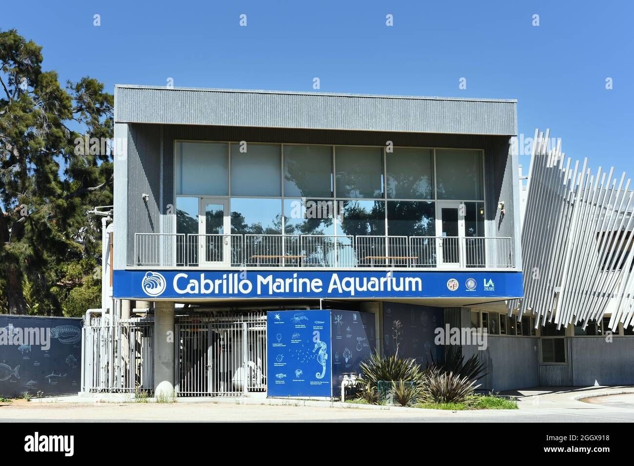 SAN PEDRO, CALIFORNIA - 27 AGO 2021: Il Cabrillo Marine Aquarium dispone di spazi espositivi interni ed esterni, un auditorium e laboratori umidi. Foto Stock
