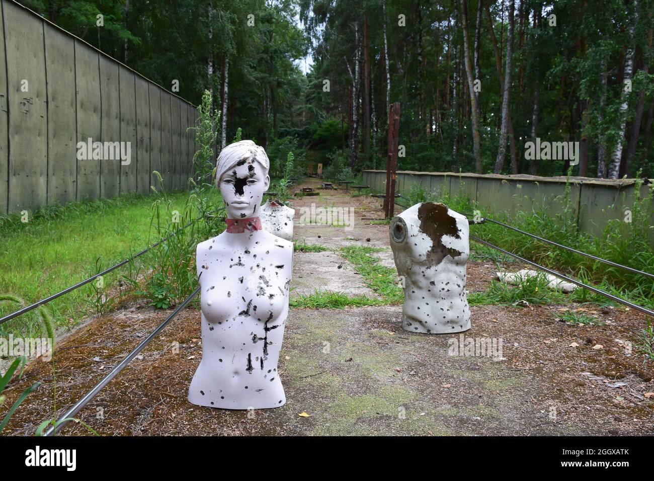 Una galleria di tiro nel bosco con bersagli sparati - manichini. Foto Stock