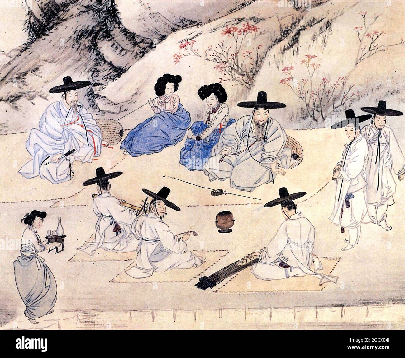 Festa in Valle in primavera dall'artista coreano Sin Yun-bok (1758-1813), a colori su carta Foto Stock