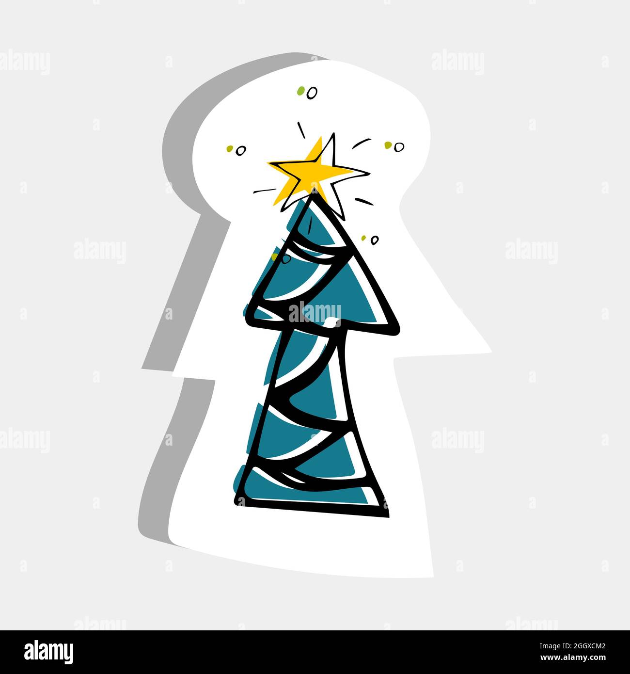 Illustrazioni disegnate a mano con albero di Natale colorato e stella per adesivo, stampa, poster, disegno di carte. Illustrazione Vettoriale
