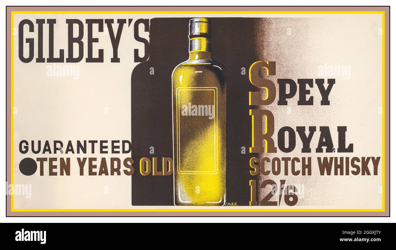 Manifesto d'archivio d'epoca litografia «Gilbey's Spey Royal Scotch Whiskey 12/6. Garanzia di dieci anni». : Kauffer, E. McKnight (Edward McKnight), 1890-1954, artista Data di creazione/pubblicazione: [Londra] : W. & A. Gilbey Ltd., [1933]. Litografia ; (formato poster) Foto Stock