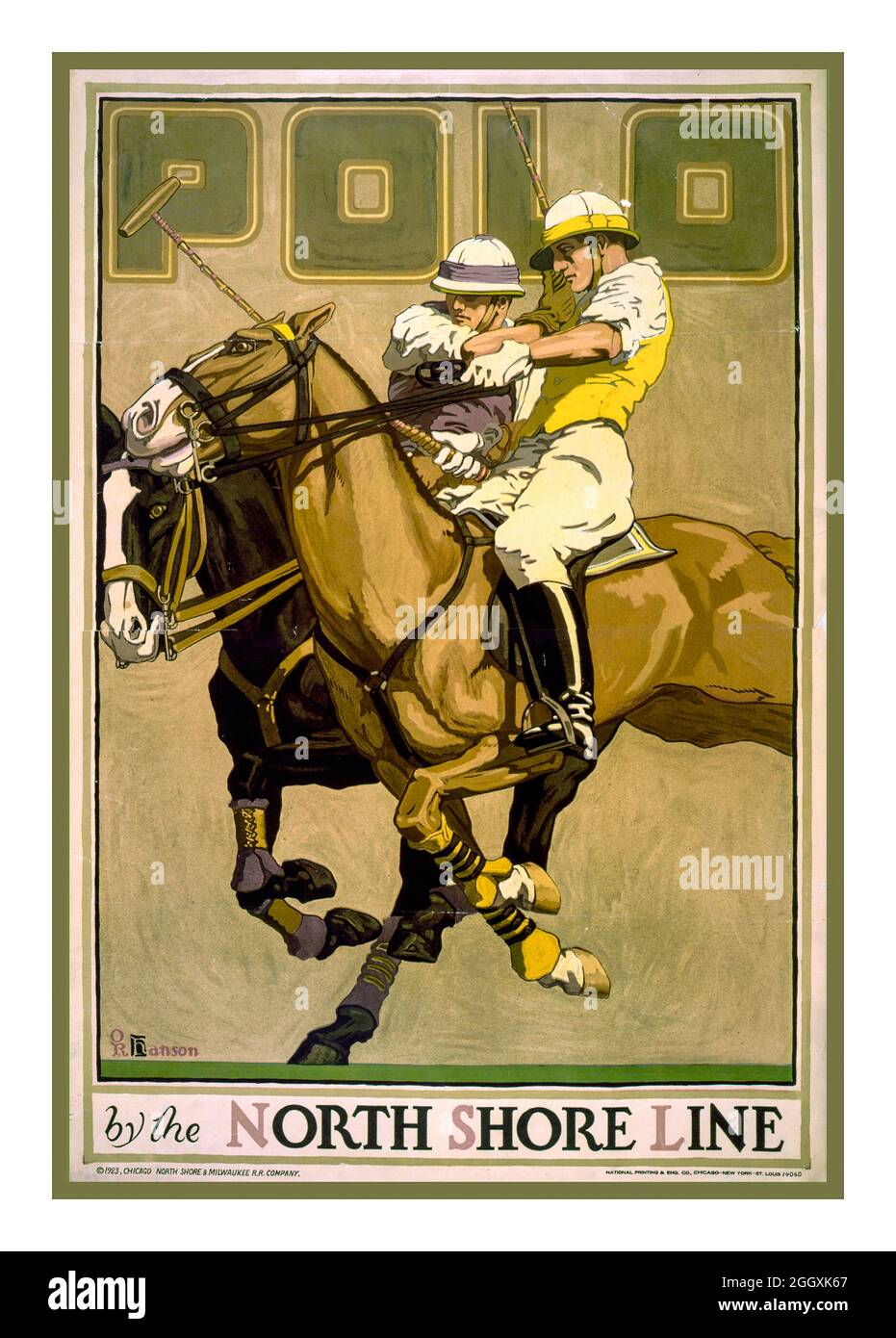 Poster vintage 1920s "Polo by the North Shore Line" / O.R. Hanson. Creatore(i): Hanson, O. R. (Oscar Rabe Hanson), artista Data di creazione/pubblicazione: Chicago : National Printing & Ing. Co., C19 1 stampa (poster) : due giocatori di polo a cavallo, North Shore Line USA Foto Stock